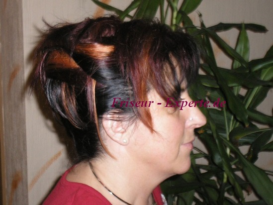 Hochsteckfrisur Frisur Frisurenbild Farbig Kupfer Schwarz Rot Geflochten Pony Seitenprofil von einer Hochsteckfrisur mit Pony und gesträhntem Haar