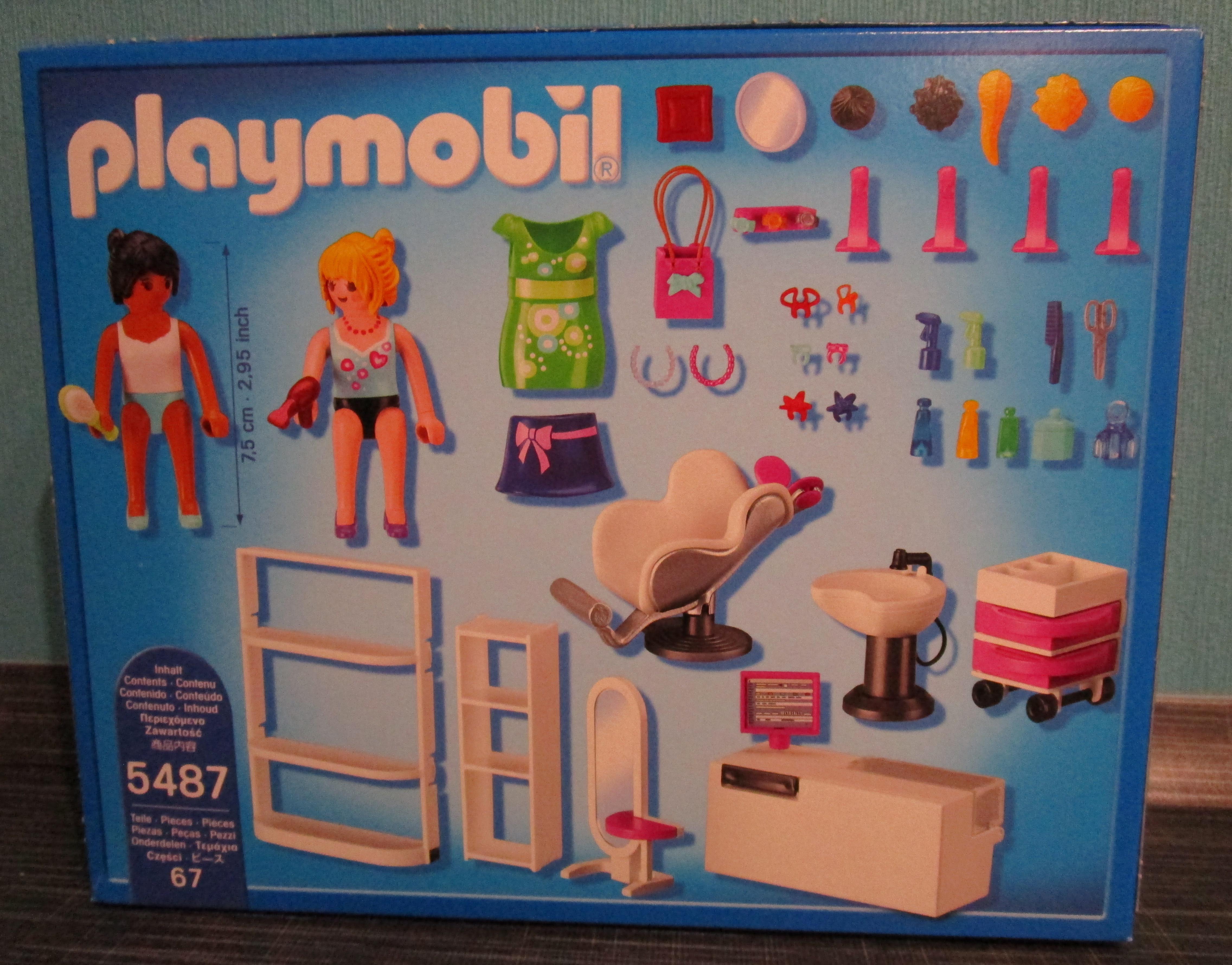 Playmobil 5487 Beauty Salon Verpackung hinten Playmobil Spielzeug im Vergleich: Friseursalon 4413 vs. Beauty Salon 5487   Rollenspiel Waschen, schneiden, fönen   bitte